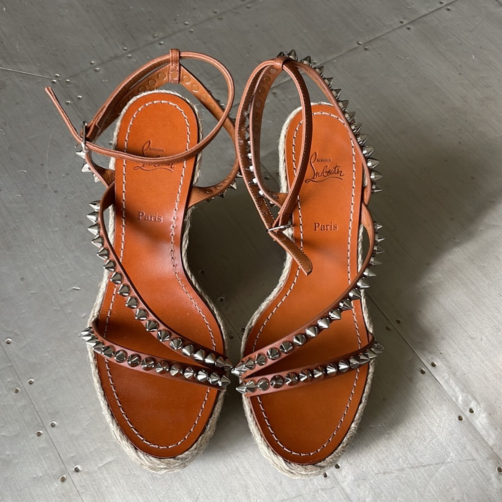Christian Louboutin mafaldina Zeppa 120mm wedge espadrille sandal cuoio brown 39 - Picture 4 of 13